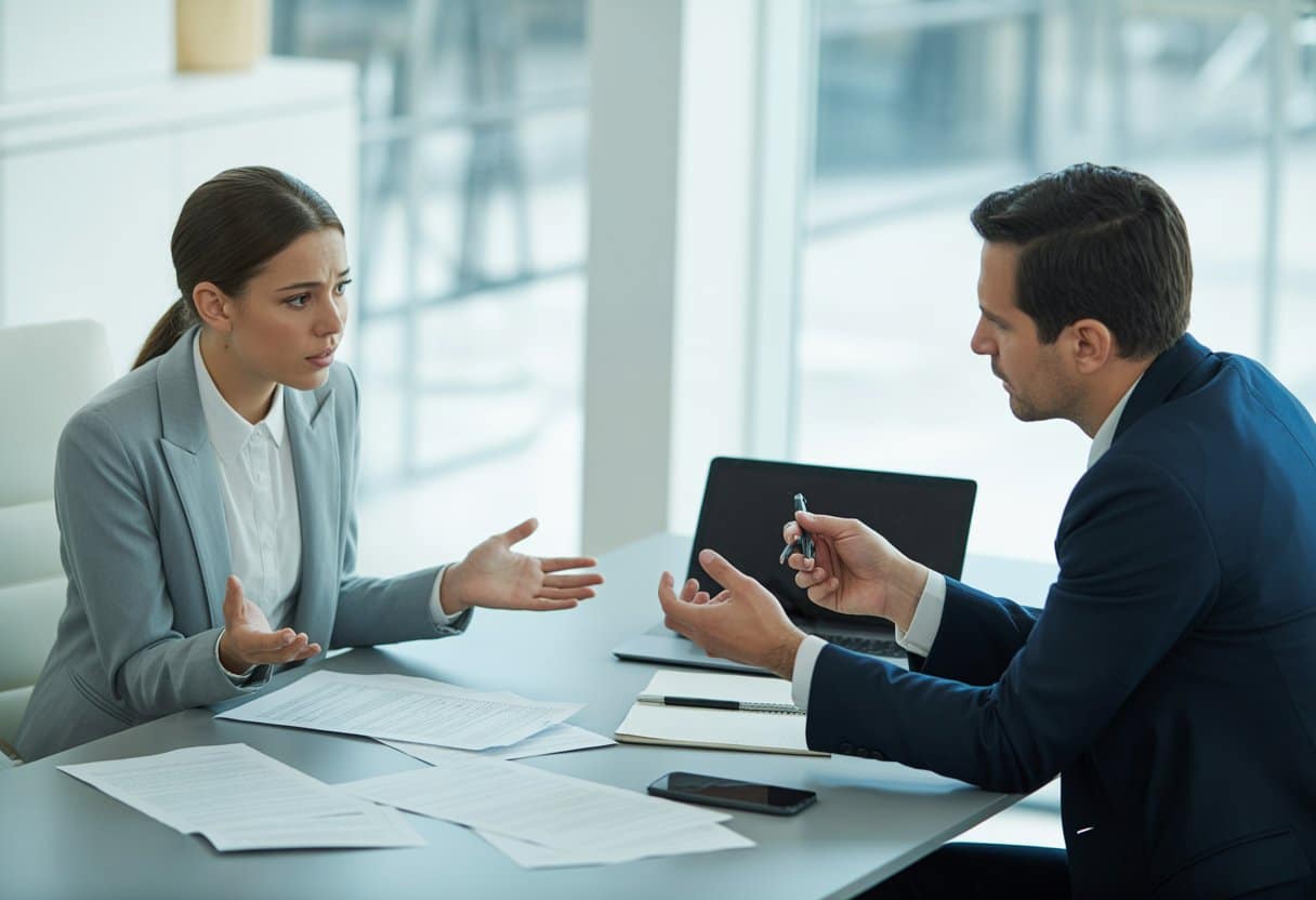 Twee mensen in een kantoor die een serieus gesprek voeren over werkafspraken, met documenten op tafel.