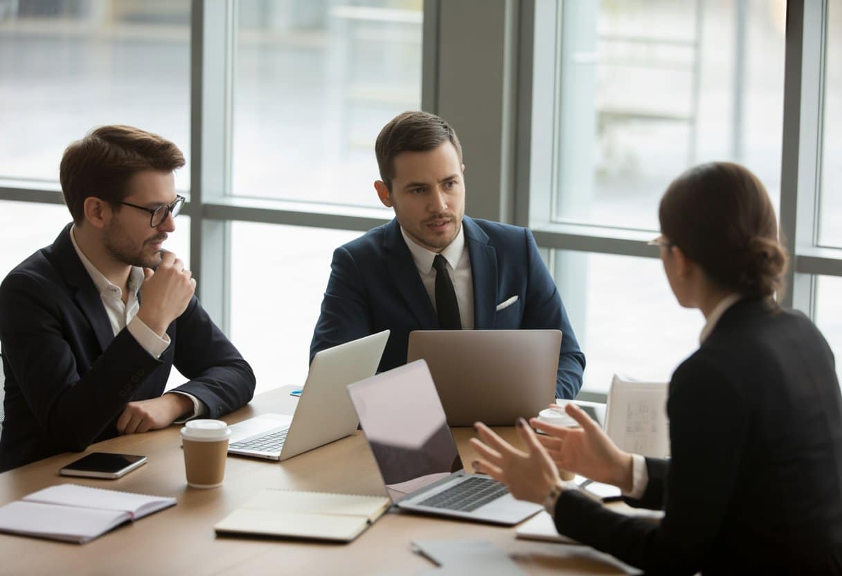 Drie professionals zitten aan een tafel in een kantoor en voeren een gesprek over loon en overwerk.