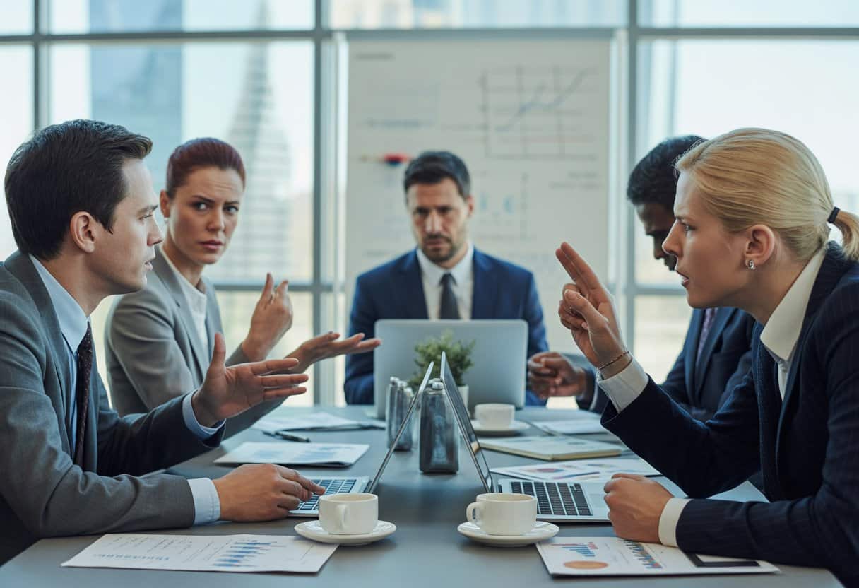 Zakelijke vergadering met twee groepen professionals die het oneens zijn over investeringen en winstverdeling in een gezamenlijke onderneming.