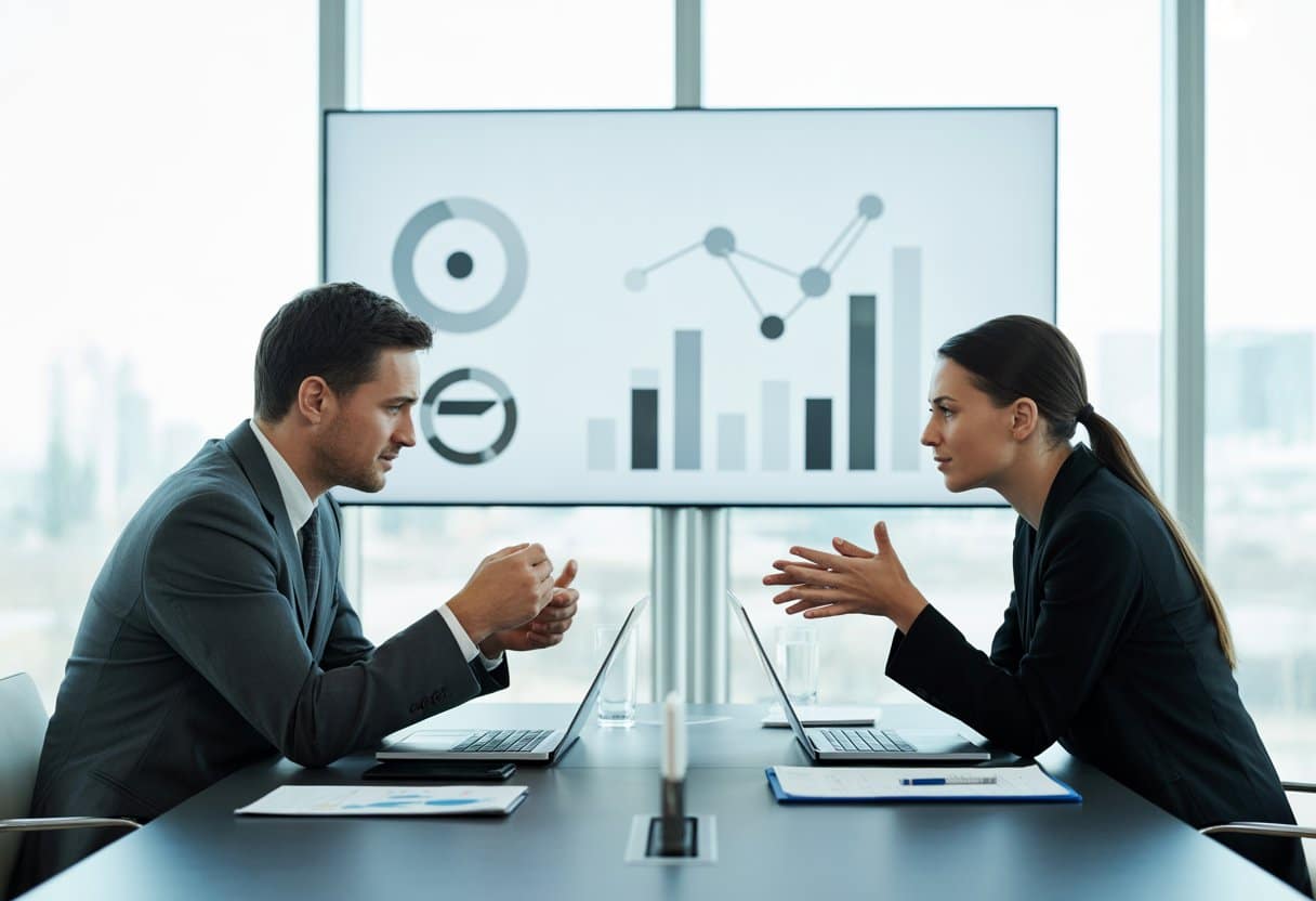 Twee zakenpartners zitten tegenover elkaar aan een vergadertafel en bespreken documenten in een moderne kantooromgeving.