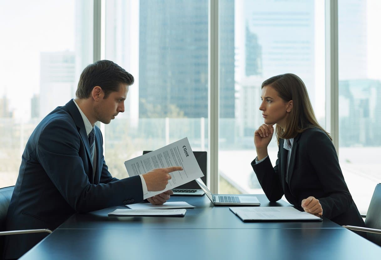 Twee zakenmensen zitten aan een tafel en bespreken een contract in een kantoor met uitzicht op de stad.