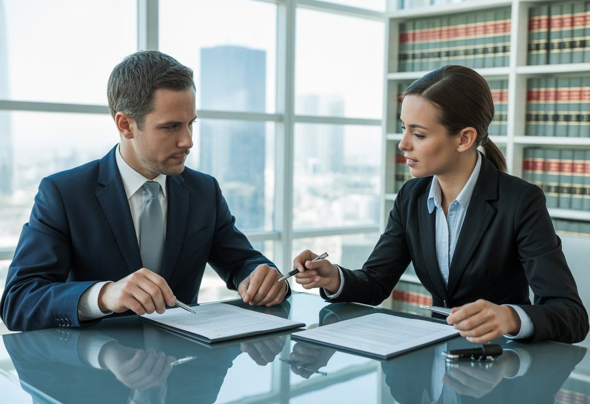 Twee zakelijke professionals bespreken documenten in een modern kantoor met uitzicht op de stad.