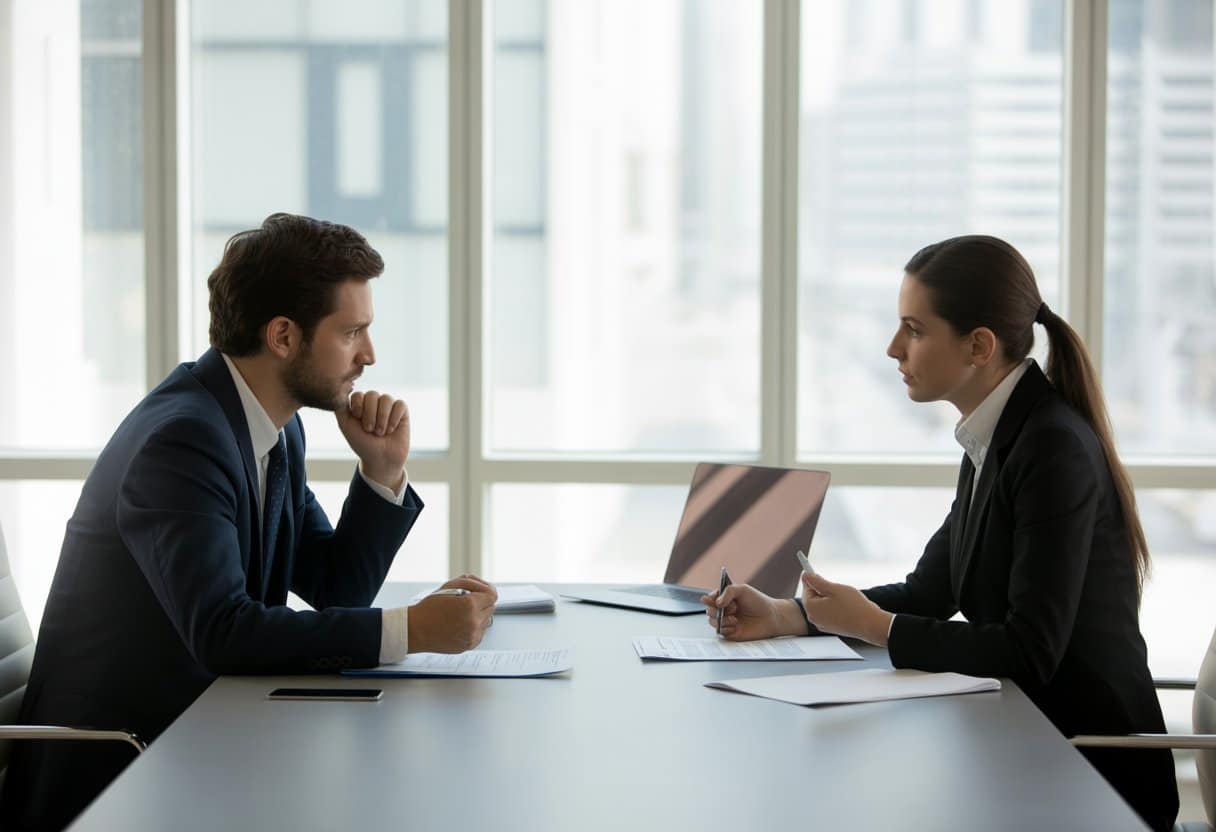 Twee zakenmensen die in een modern kantoor aan een tafel zitten en geconcentreerd documenten bespreken.