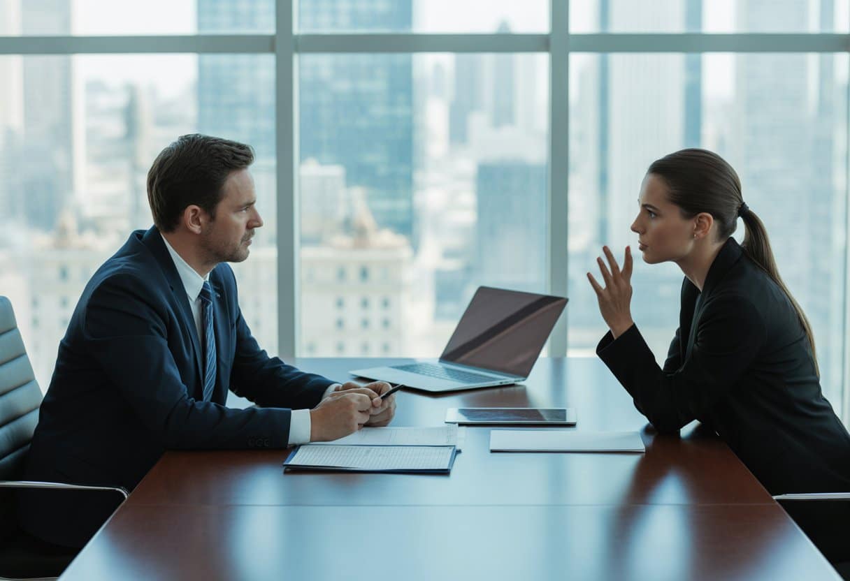 Twee zakenmensen zitten tegenover elkaar aan een vergadertafel en bespreken documenten in een kantoor met uitzicht op de stad.