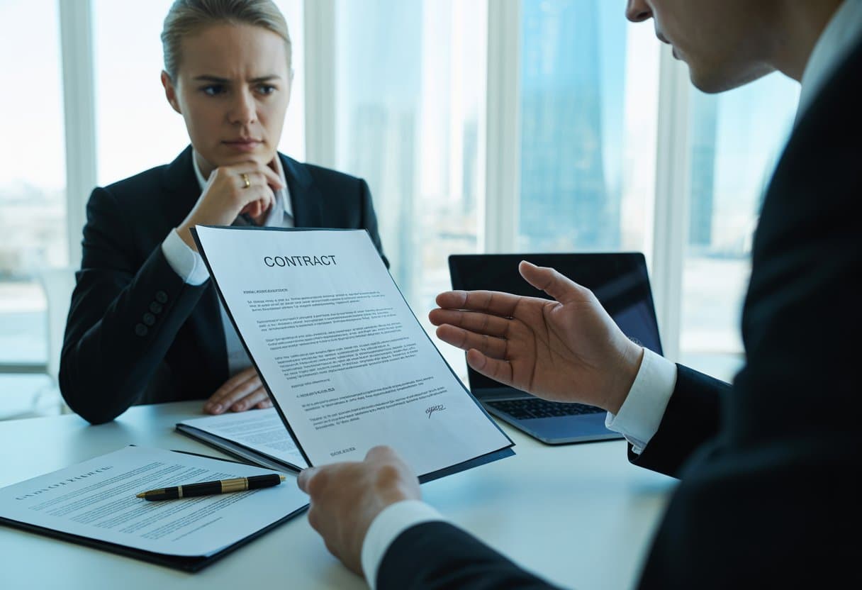 Twee personen in een kantoor bespreken een contract met een serieuze en bezorgde uitstraling.