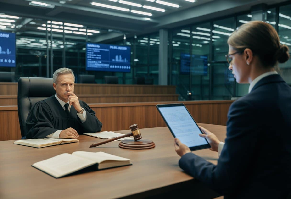Een rechter in een moderne rechtszaal bekijkt documenten terwijl een advocaat een zaak presenteert met een tablet.