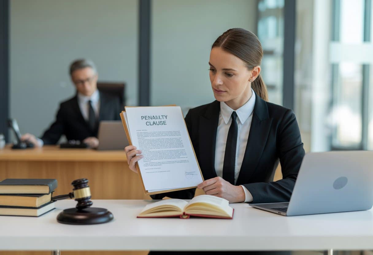 Een advocaat bekijkt een contract met een boetebeding in een moderne kantooromgeving met op de achtergrond een rechterlijke ruimte.