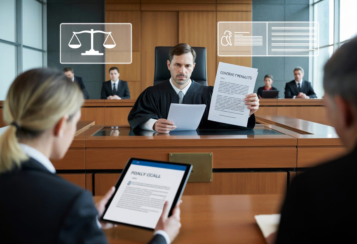 Een rechter in een moderne rechtszaal in 2025 die documenten bekijkt terwijl een advocaat een zaak presenteert, met digitale schermen op de achtergrond.