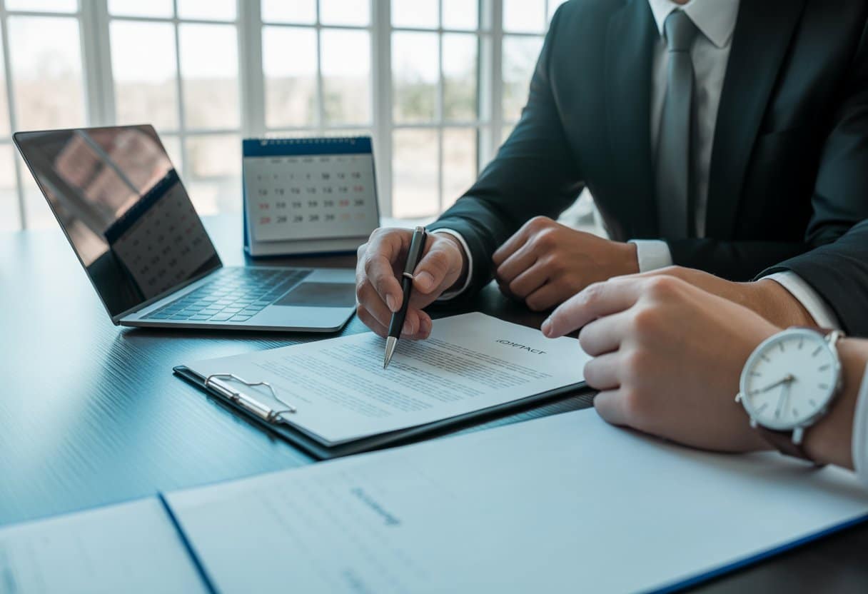 Twee zakelijke professionals bekijken samen een contract in een kantoor, met een kalender en horloge op de tafel die tijd benadrukken.