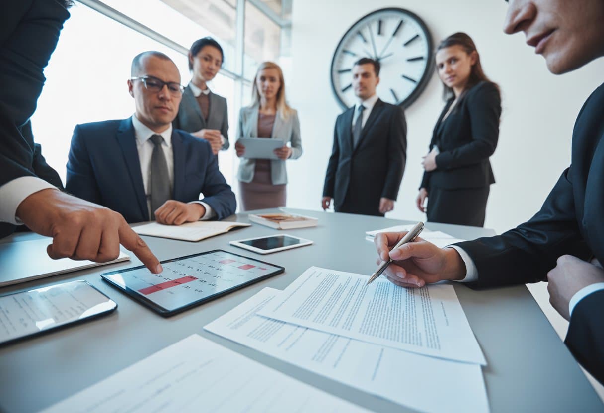Een groep zakelijke professionals bespreekt contracten rond een tafel met een kalender en een klok op de achtergrond.