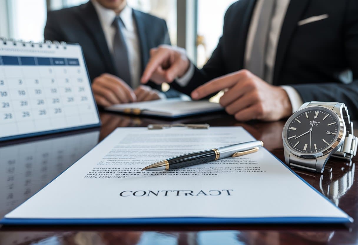 Een zakelijke omgeving met een contract op een bureau, een pen, een horloge en een kalender, terwijl twee zakenmensen het contract bespreken.