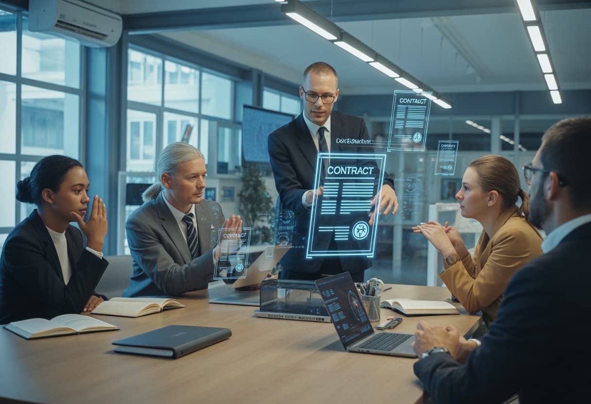 Een groep zakelijke professionals bespreekt contracten rond een tafel in een kantoor.