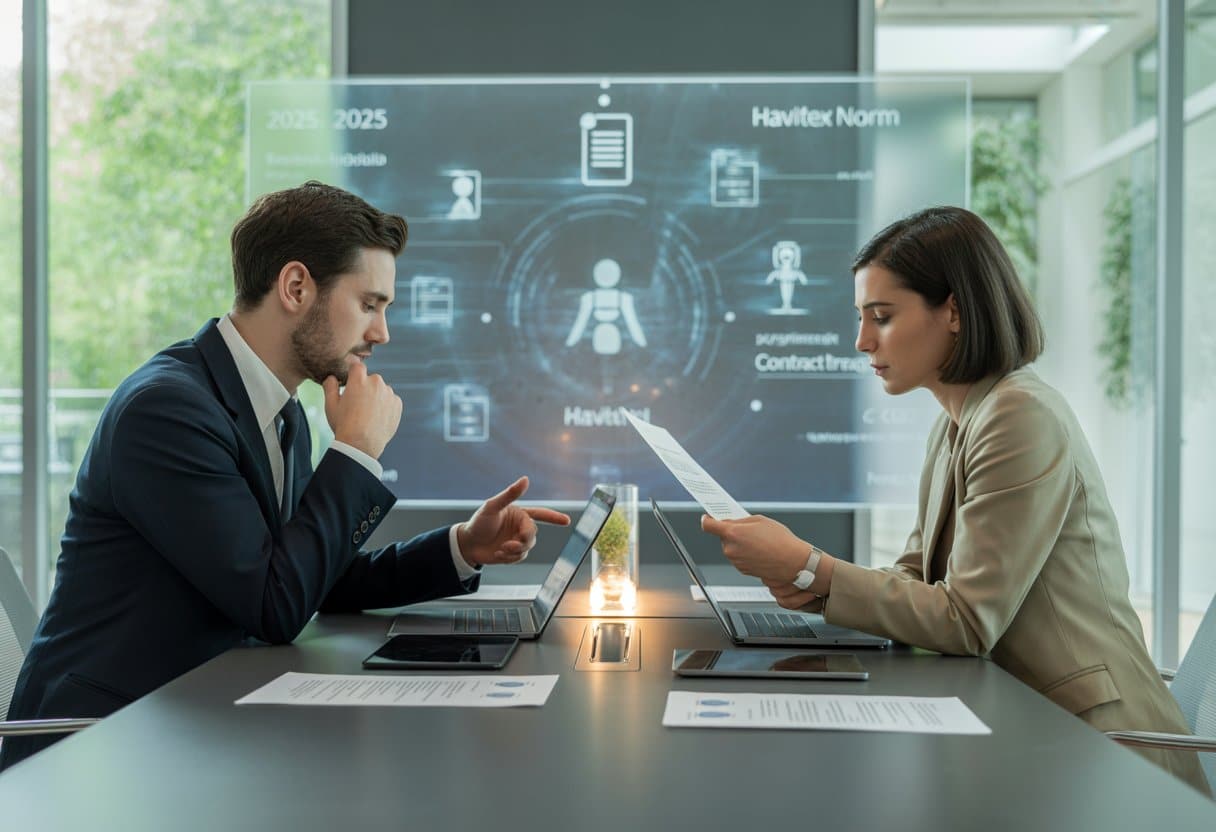 Twee zakelijke professionals bespreken een contract in een moderne kantooromgeving met digitale schermen en documenten op tafel.