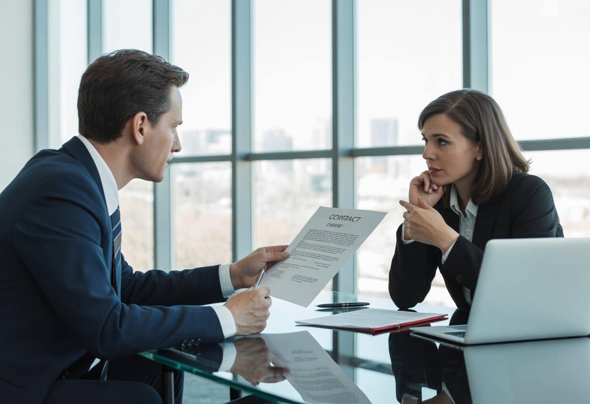 Twee zakelijke professionals zitten aan een tafel in een kantoor en bespreken een contractdocument.
