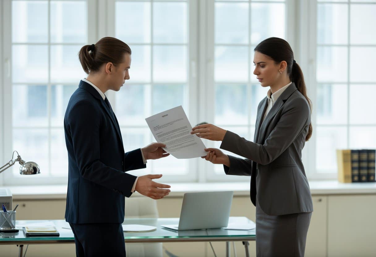 Twee zakelijke professionals in een kantoor die een formeel document uitwisselen tijdens een serieus gesprek.