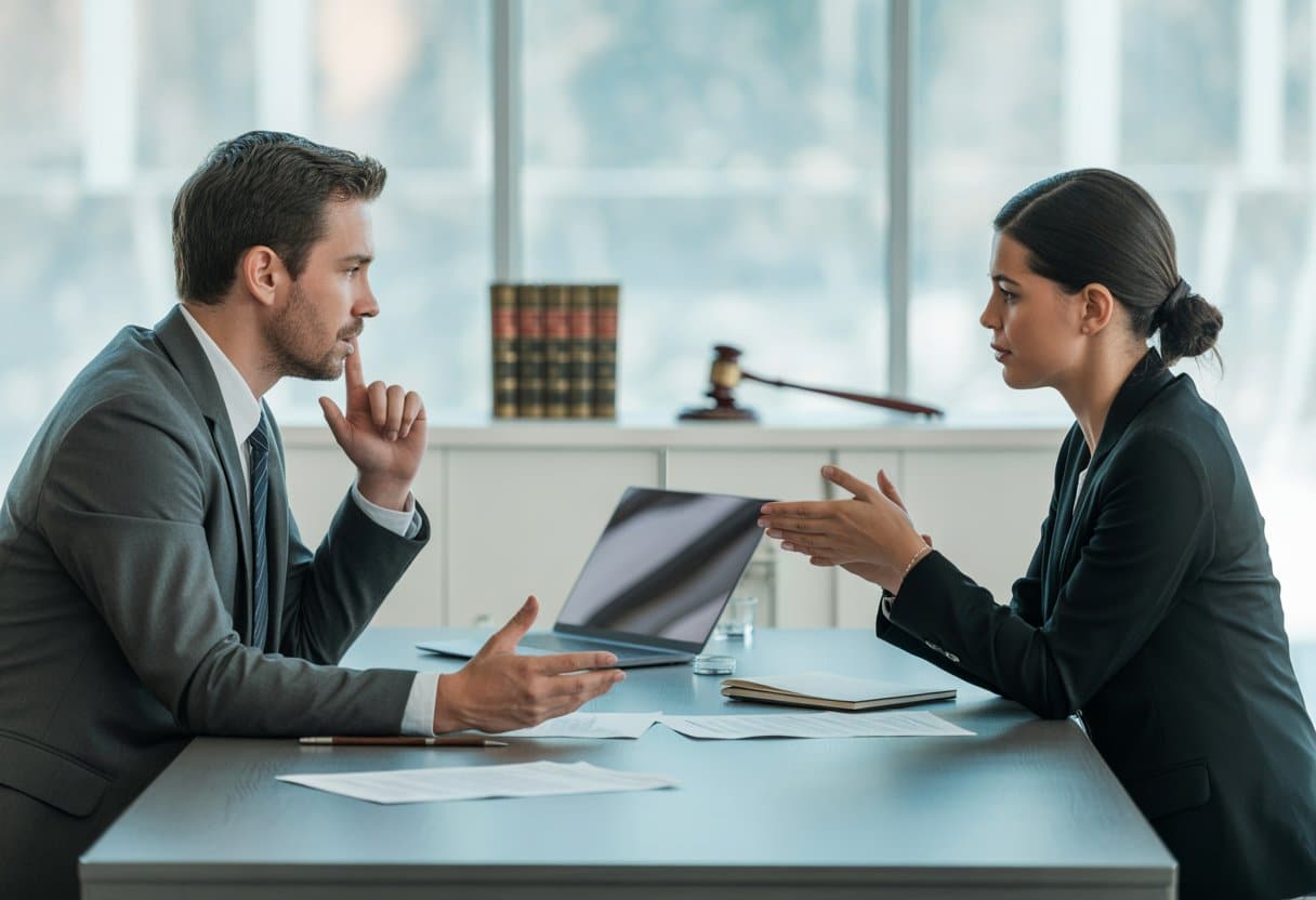 Twee zakelijke personen bespreken documenten aan een tafel in een modern kantoor.