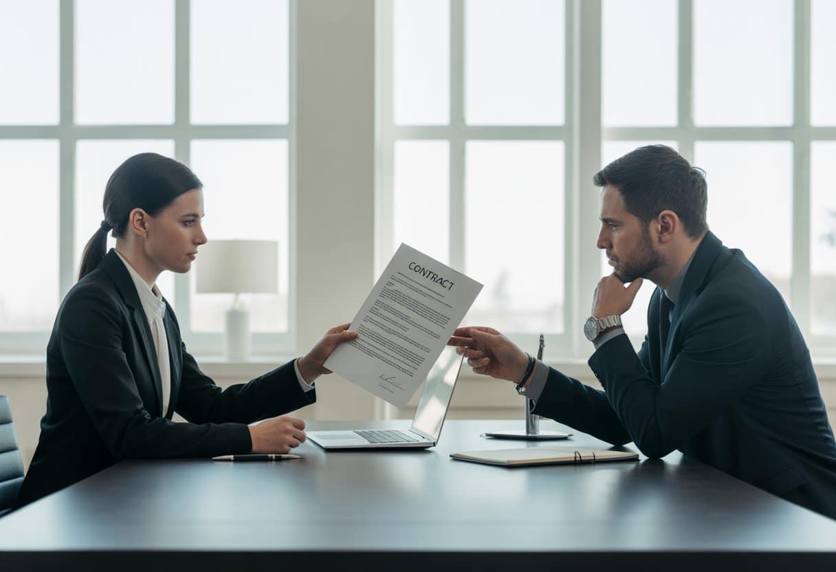 Twee zakelijke professionals zitten aan een vergadertafel en bespreken een contract in een modern kantoor.