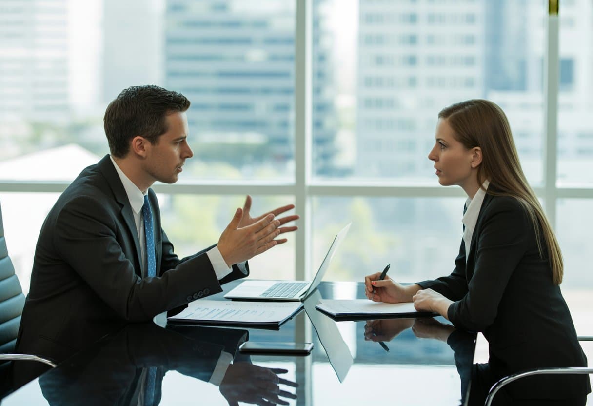 Twee zakelijke professionals in gesprek aan een vergadertafel in een modern kantoor.