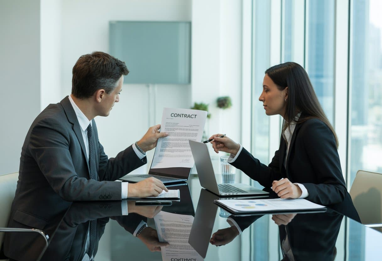 Twee zakelijke professionals die samen een contract bespreken in een moderne kantooromgeving.