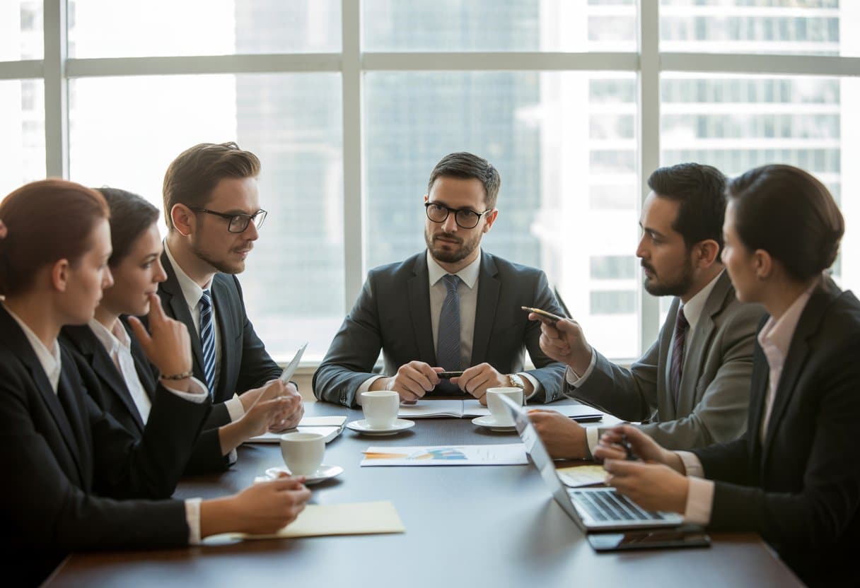 Een zakelijke vergadering met diverse professionals die rond een tafel zitten en documenten bespreken in een modern kantoor.