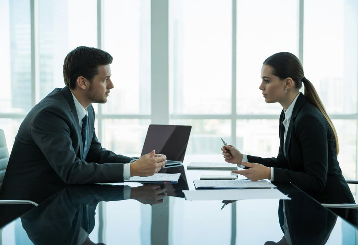Twee zakelijke professionals in een kantoor die geconcentreerd een gesprek voeren aan een tafel met documenten en een laptop.