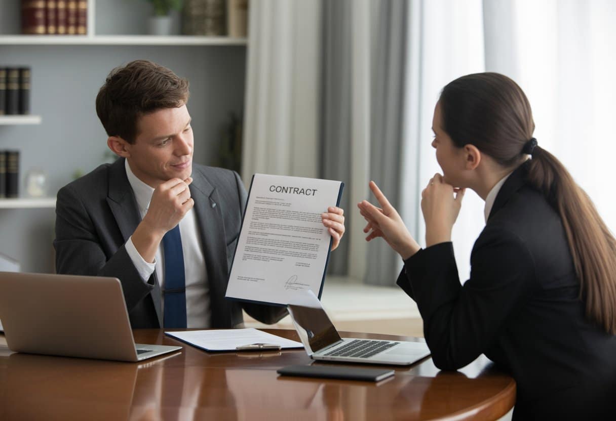 Twee zakelijke mensen bespreken een contract in een moderne kantooromgeving.