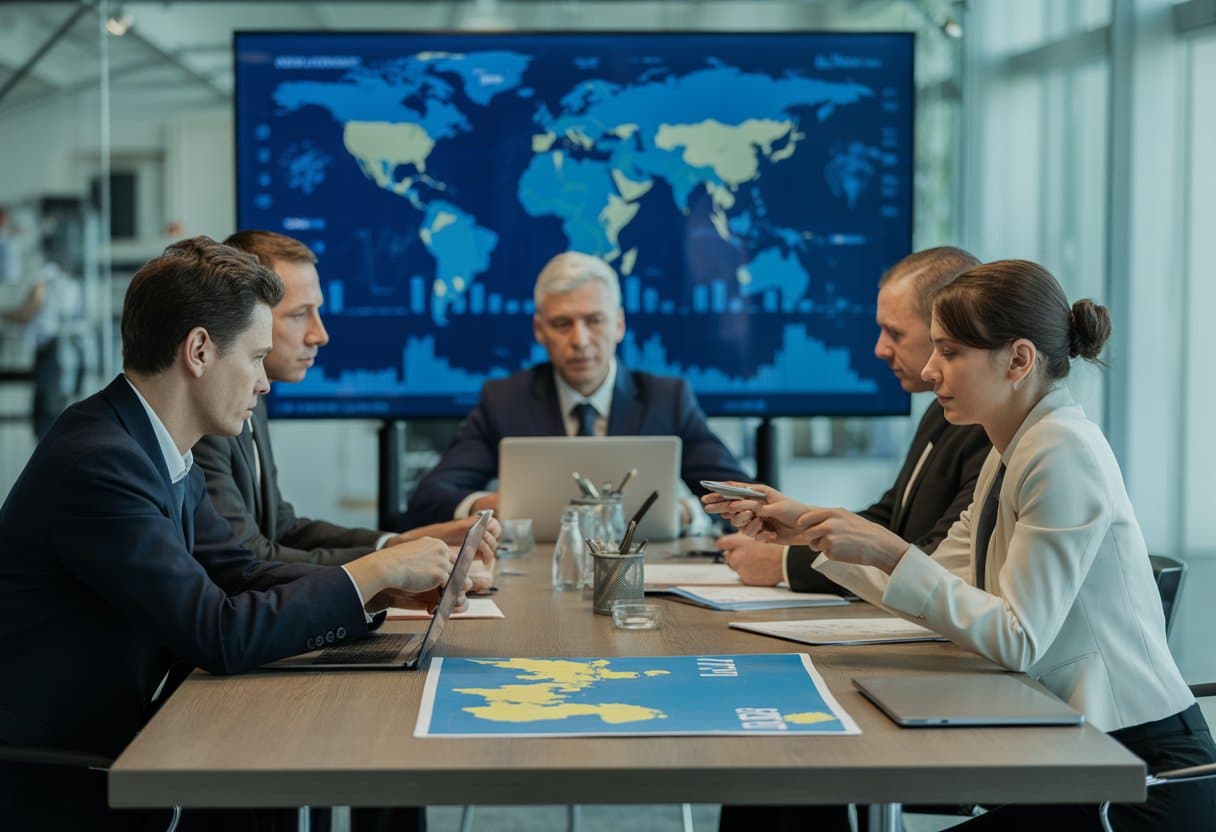 Een groep professionals in een vergaderruimte bespreekt documenten en data over wereldwijde crises, met een kaart en grafieken op de achtergrond.