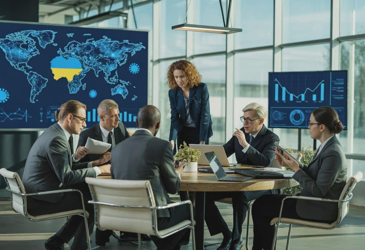 Een groep zakelijke professionals bespreekt samen crisismanagement in een moderne kantooromgeving met een wereldkaart en grafieken op schermen.