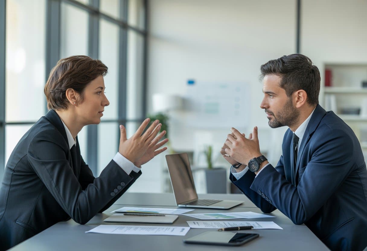 Twee ondernemers zitten aan een tafel in een kantoor en voeren een serieus gesprek.