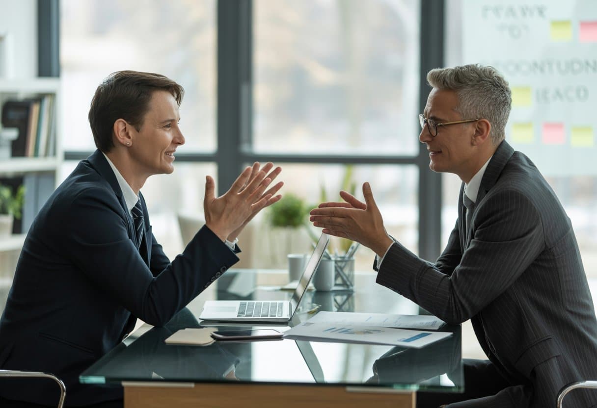 Twee ondernemers zitten tegenover elkaar aan een tafel in een kantoor en voeren een serieus gesprek.