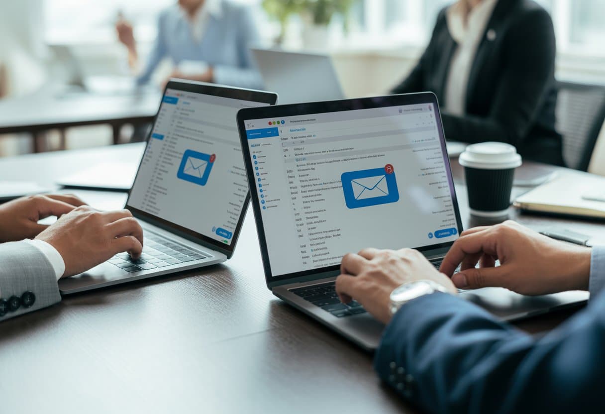 Twee zakelijke professionals die e-mails uitwisselen op laptops in een moderne kantooromgeving.