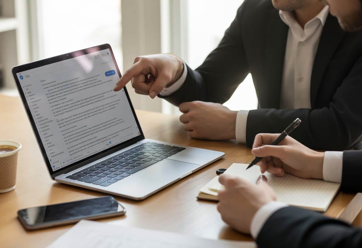Twee mensen bespreken een e-mail op een laptop in een kantooromgeving.