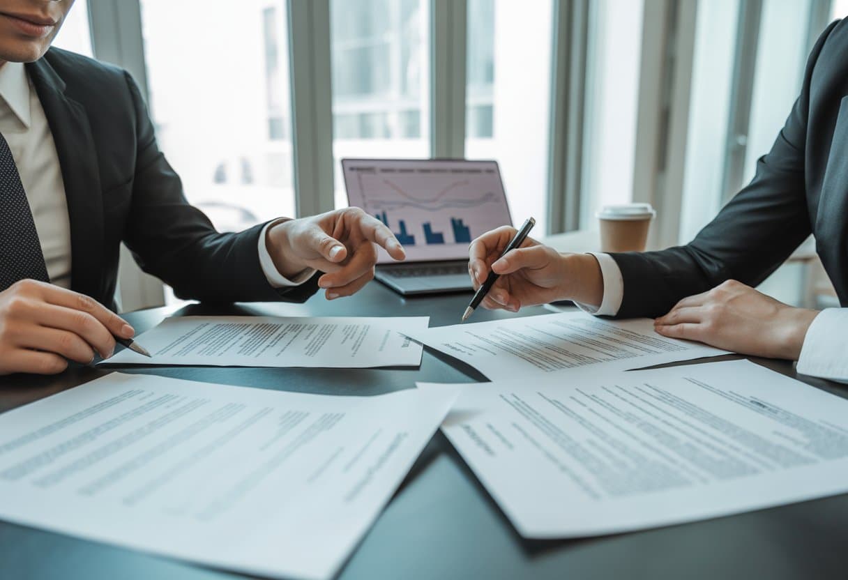 Twee professionals zitten aan een tafel en bekijken samen contractdocumenten in een moderne kantooromgeving.