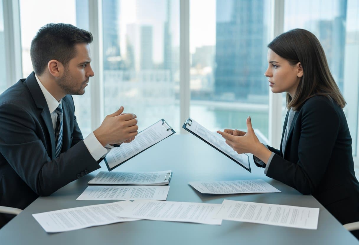 Twee zakelijke professionals zitten tegenover elkaar aan een tafel met contractdocumenten, in een moderne kantoorruimte, tijdens een onderhandeling.