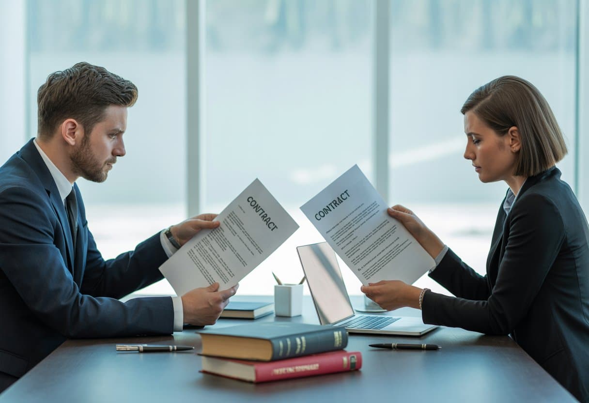Twee zakelijke professionals die tegenover elkaar zitten met contractdocumenten tijdens een bespreking in een modern kantoor.