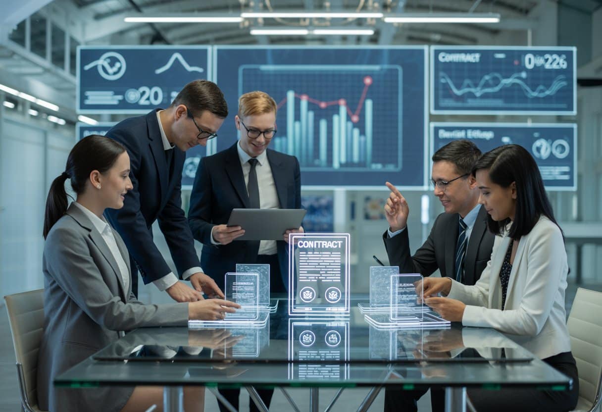Een groep zakelijke professionals werkt samen aan digitale contracten in een moderne kantooromgeving.