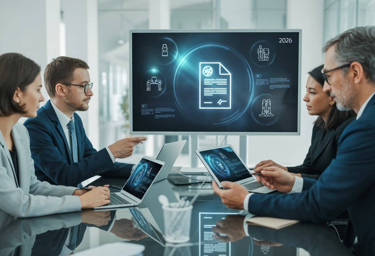 Een groep professionals bespreekt digitale contracten in een modern kantoor met laptops en tablets, met digitale juridische symbolen op een scherm op de achtergrond.