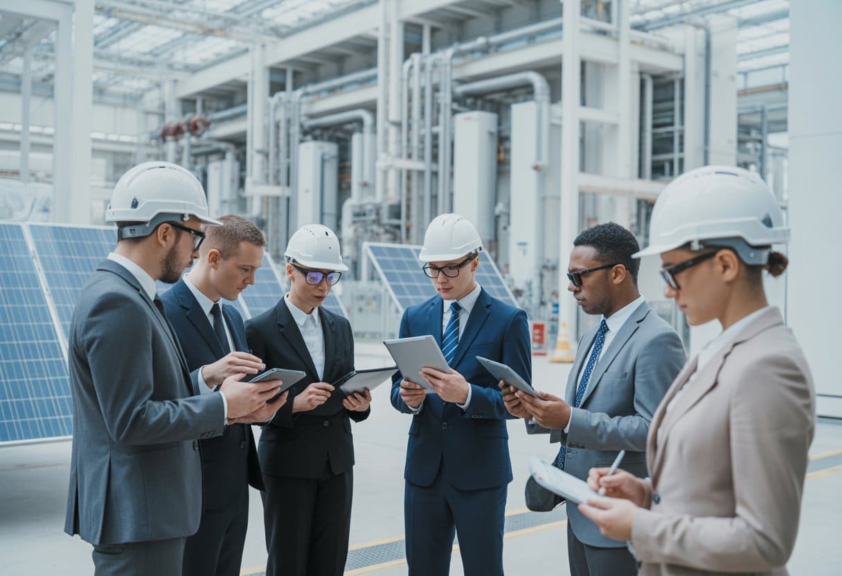 Een groep professionals bespreekt industriële faciliteiten met zonnepanelen en windturbines op de achtergrond.