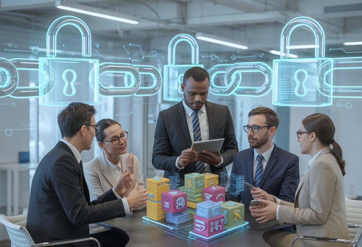 Zakelijke professionals bespreken digitale blockchain- en NFT-concepten in een modern kantoor met een holografisch beveiligingsscherm.