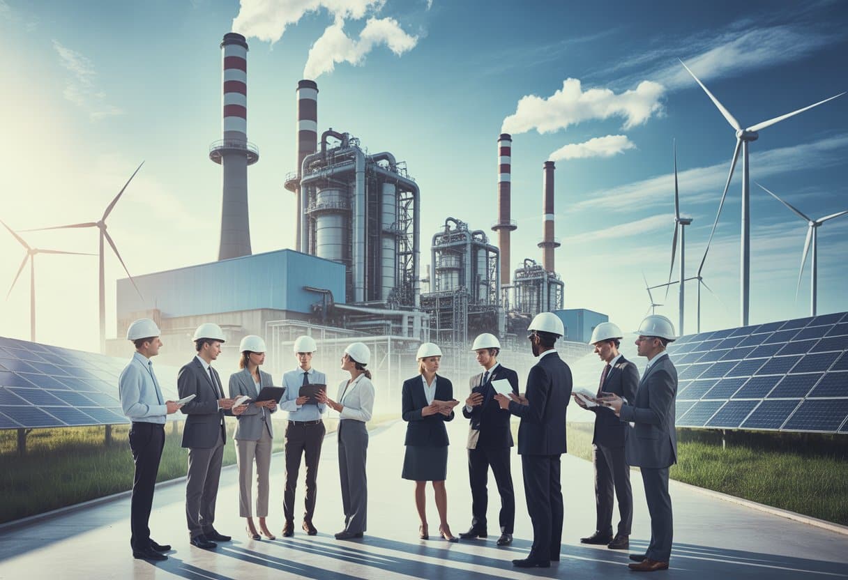 Een groep professionals bespreekt energie- en milieuzaken bij een moderne industriële fabriek met windturbines en zonnepanelen op de achtergrond.