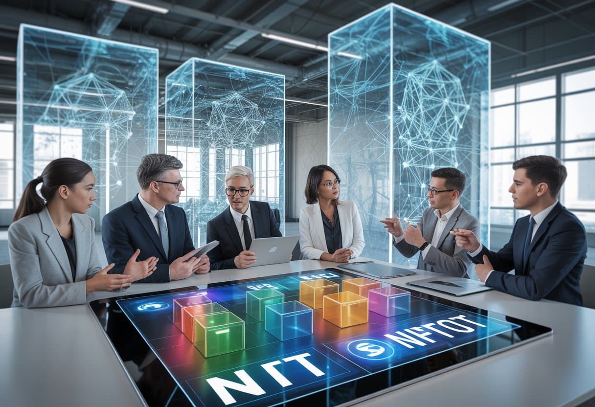 Zakelijke professionals bespreken digitale kunst en blockchaintechnologie in een moderne kantooromgeving.