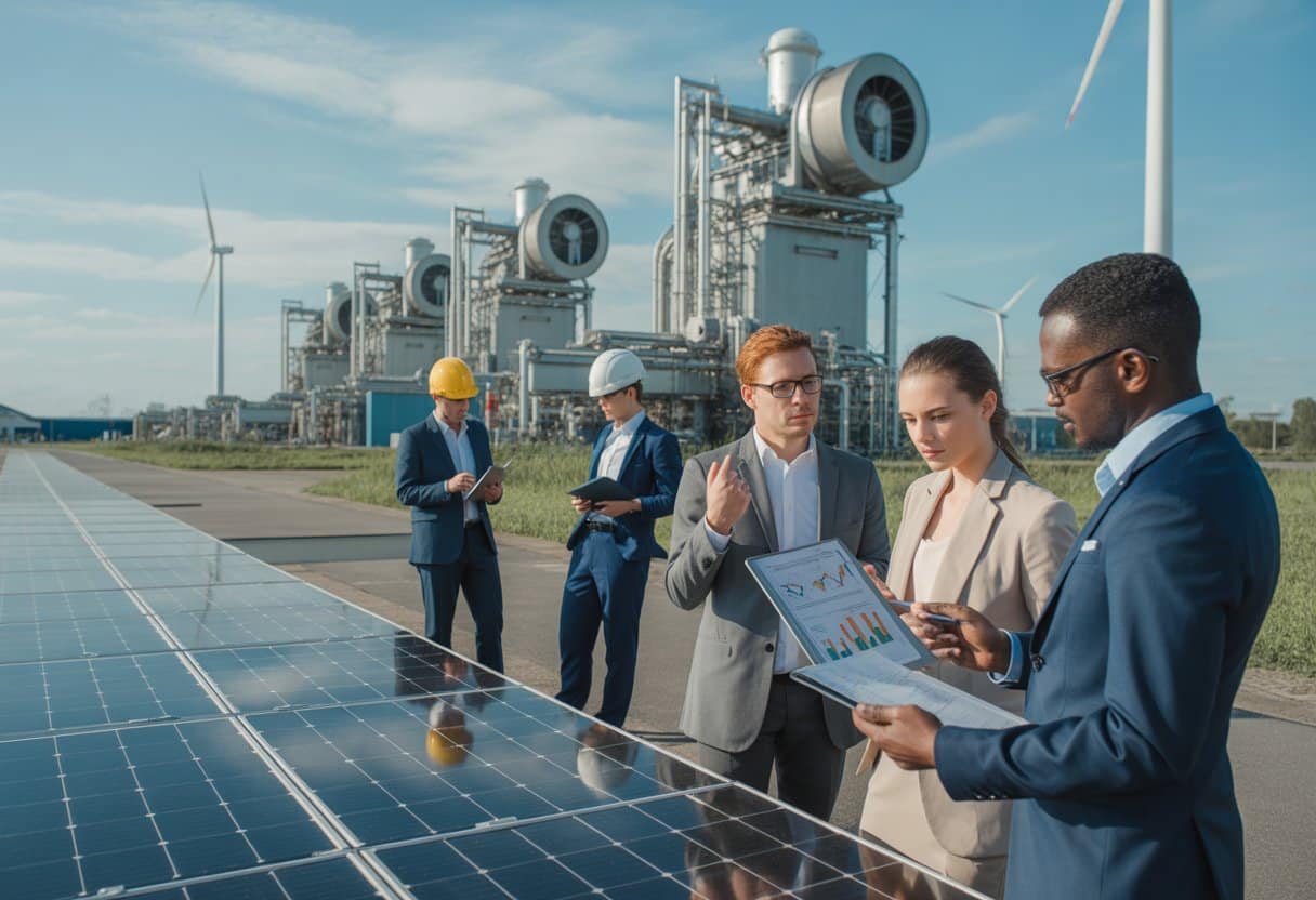 Een groep professionals bespreekt energie- en milieubeleid bij een industrieel complex met zonnepanelen en windturbines op de achtergrond.