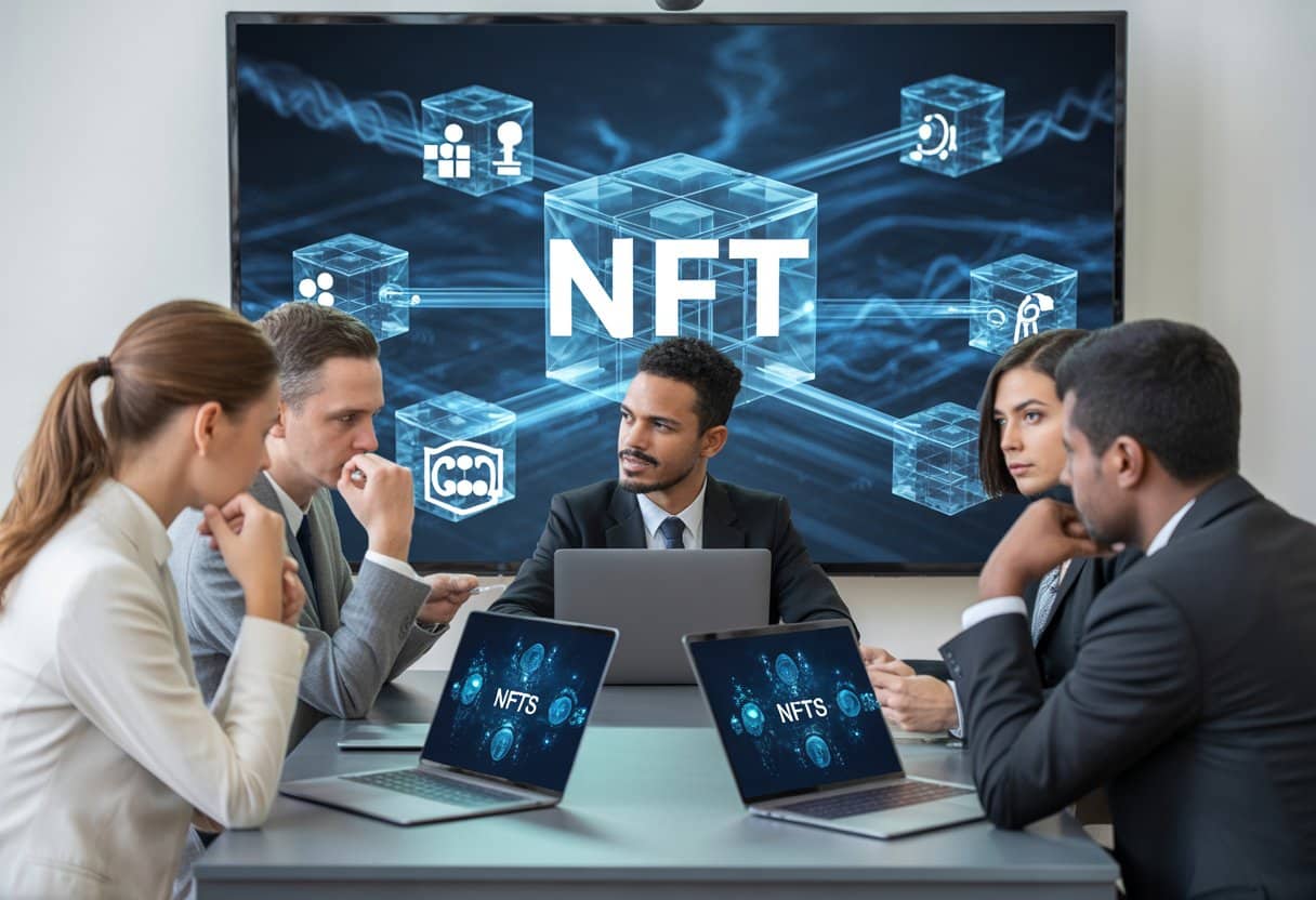 Een groep zakelijke professionals in een vergaderruimte met digitale schermen die blockchain en intellectueel eigendom weergeven.