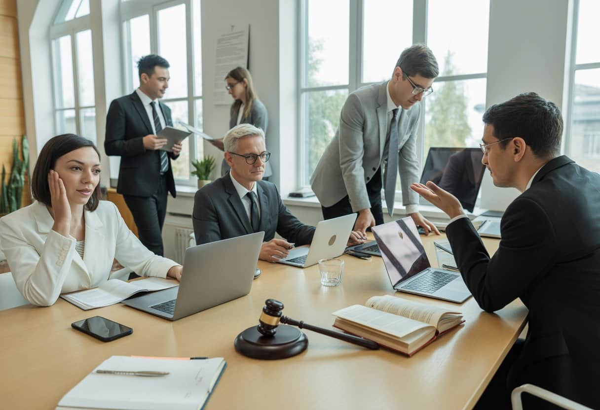 Een diverse groep professionals werkt samen in een moderne kantoorruimte en via videovergadering, met documenten en digitale apparaten op tafel.