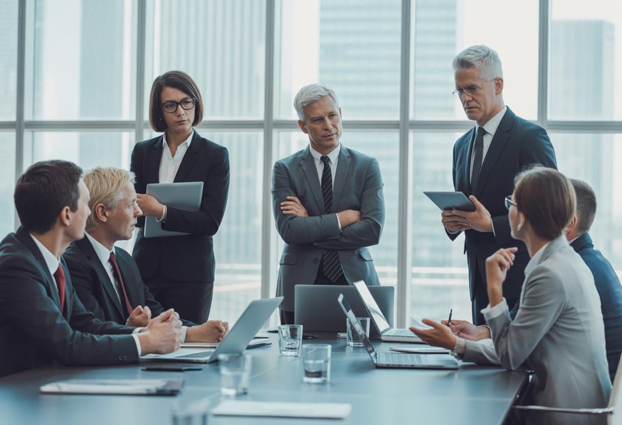 Bestuurdersaansprakelijkheid in veranderende tijden: update voor DGA’s 1 Een groep zakelijke professionals in een vergaderruimte die serieus overleggen aan een tafel met laptops en documenten.