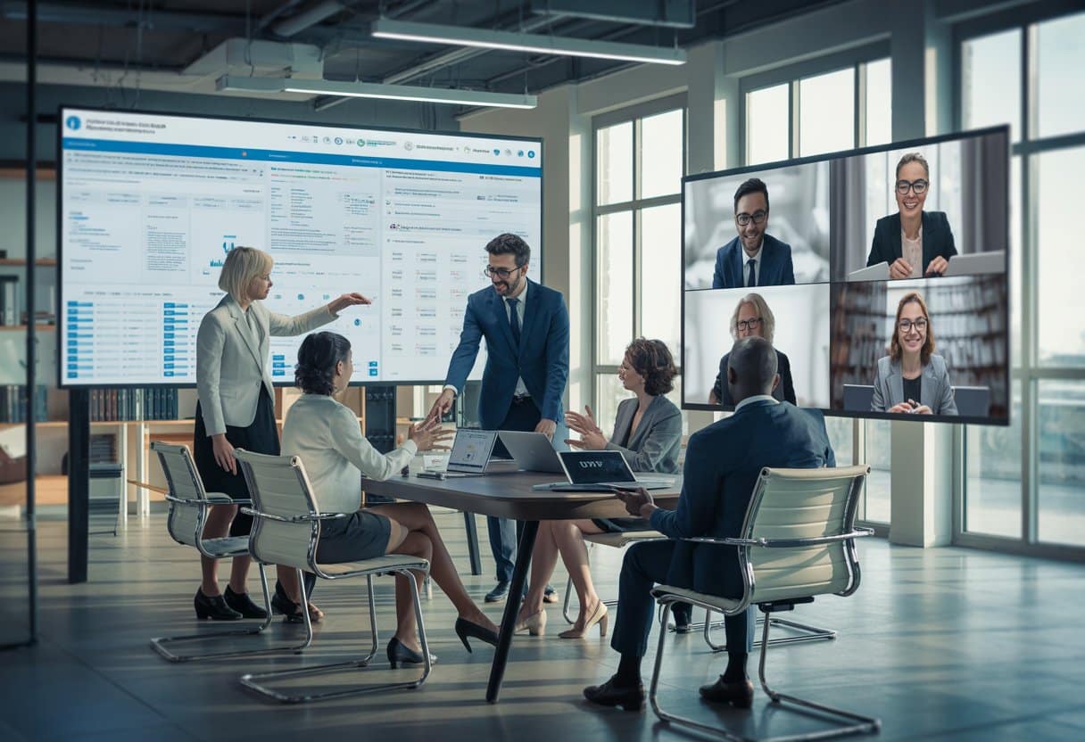 Een diverse groep professionals werkt samen in een moderne kantoorruimte met collega’s die via videoverbinding deelnemen.