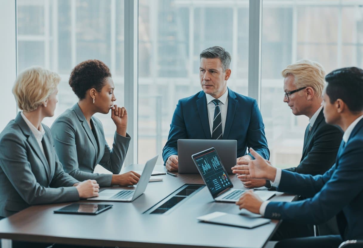 Bestuurdersaansprakelijkheid in veranderende tijden: update voor DGA’s 3 Een groep zakelijke executives bespreekt belangrijke wijzigingen in bestuurdersaansprakelijkheid in een moderne vergaderruimte.