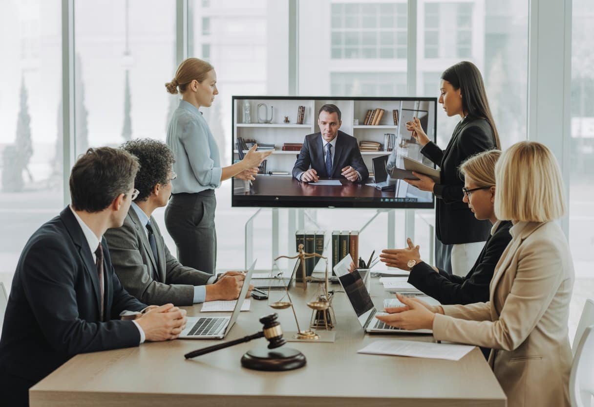Een groep professionals bespreekt in een moderne kantoorruimte de hybride werkplek, met zowel mensen aanwezig als deelnemers via videoverbinding.