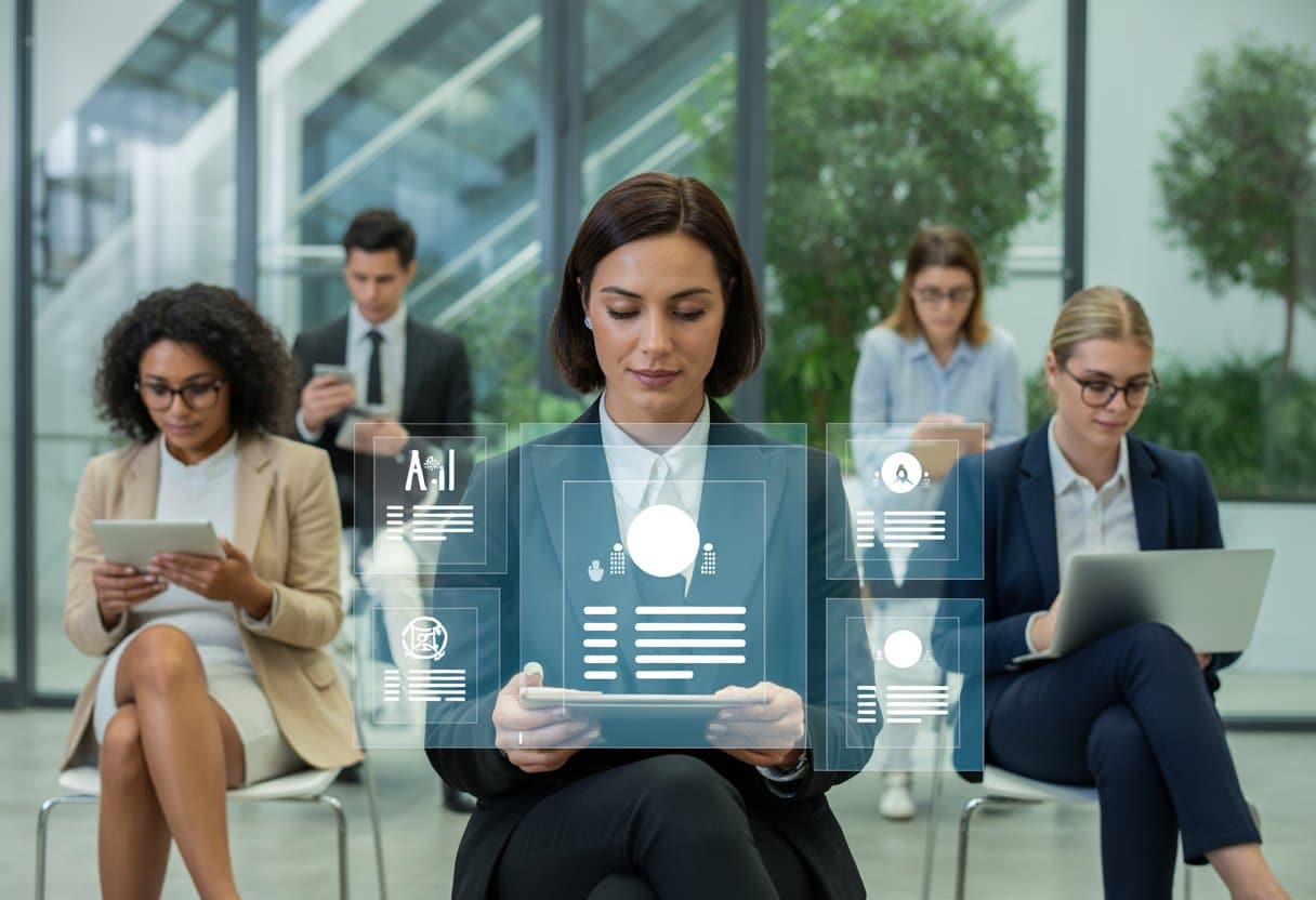 Een diverse groep sollicitanten wacht in een moderne kantoorruimte terwijl een HR-medewerker cv's bekijkt op een digitaal scherm.