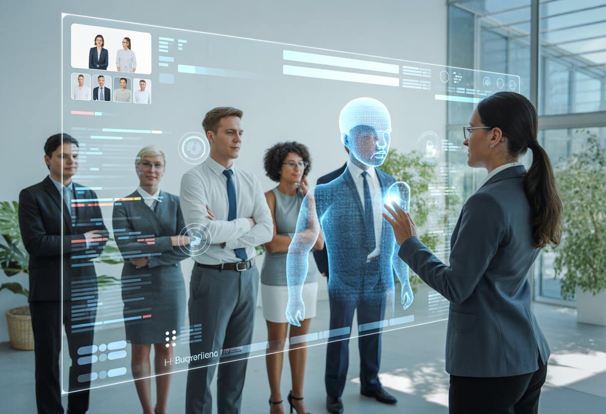 Een diverse groep sollicitanten in een modern kantoor met een HR-professional die een digitaal scherm met AI-gegevens bekijkt.